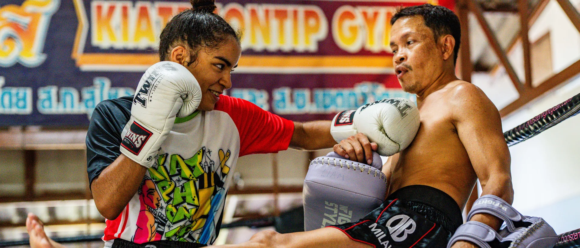 Sparring in the ring at Kiatphontip Muay Thai camp, Bangkok